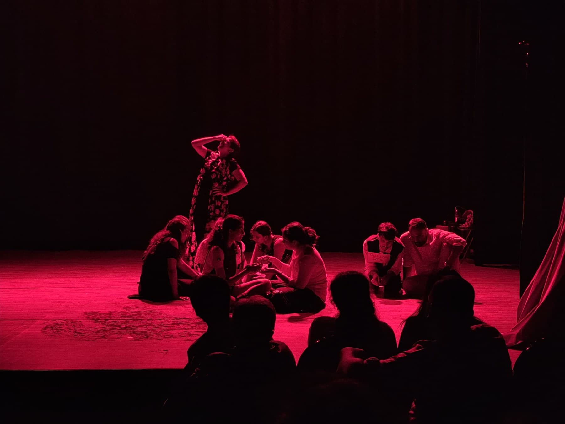A theatre ensemble performing on a red-lit stage with an audience in the foreground.